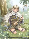  arrow artist_name blonde_hair boots bow bow_(weapon) bowtie capelet cecil_letoliel_(force_of_will) copyright_name force_of_will fur_trim grass kamijororo leaf male_focus official_art pointy_ears purple_eyes quiver sitting solo tiara tree weapon 