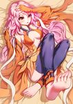  1girl barefoot bed_sheet blush feet fingerless_gloves guilty_crown hand_on_own_head long_hair lying one_leg_raised parted_lips pink_eyes pink_hair pov pov_feet soles toes twintails yuzuriha_inori 