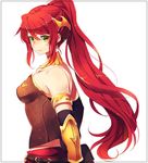  armor bangs bare_shoulders breasts closed_mouth elbow_gloves from_side gloves green_eyes hair_ornament jewelry long_hair looking_at_viewer medium_breasts mohuta1203 ponytail pyrrha_nikos red_hair rwby smile solo swept_bangs vambraces 