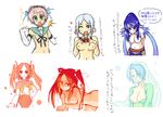  00s 5girls aliasing arms_behind_back bangs blue_eyes blue_hair blush breast_suppress breasts breasts_outside choker cleavage dress earrings elbow_gloves eyebrows_visible_through_hair flat_chest functionally_nude gloves green_dress green_eyes grey_hair grune_(tales) hair_bun heart highres innes_lorenz japanese japanese_text judith kanonno_earhart lavender_hair lifted_by_self long_pointy_ears looking_at_viewer luckystring medium_breasts multiple_crossover multiple_girls older open_mouth pink_hair pointy_ears purple_hair red_eyes red_hair revealing_clothes rommy sailor_collar shirt_lift short_hair simple_background small_areolae small_nipples smile speech_bubble tales_of_(series) tales_of_hearts tales_of_legendia tales_of_the_tempest tales_of_the_world_radiant_mythology_2 tales_of_vesperia text translation_request twintails very_long_hair white_background white_gloves wink 
