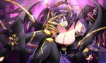  1girl :p artist_request bandai bare_shoulders bat_(symbol) blue_eyes breasts claws demon_girl digimon female horns large_breasts lilithmon lipstick looking_at_viewer makeup naughty_face seven_great_demon_lords sitting smile solo succubus 