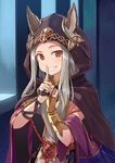  animal_ears blush brown_eyes cloak commentary_request ears_through_headwear erune finger_to_mouth granblue_fantasy grin hand_on_own_chest head_tilt hinami_(hinatamizu) long_hair looking_at_viewer md5_mismatch scathacha_(granblue_fantasy) silver_hair smile solo 