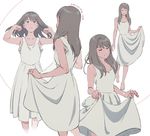  armpits bangs barefoot blush breasts closed_eyes closed_mouth commentary dress hands_in_hair highres long_dress medium_breasts medium_hair multiple_views original signature simple_background skirt skirt_lift smile umishima_senbon white_background white_dress 