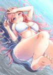  barefoot bikini bit_(keikou_syrup) blue_eyes blush dutch_angle long_hair looking_at_viewer lying megurine_luka o-ring o-ring_top on_back parted_lips partially_submerged pink_hair solo string_bikini swimsuit vocaloid water 