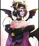  1girl bandai bare_shoulders bat_(symbol) blue_eyes breasts demon_girl digimon female horns lilithmon lipstick looking_at_viewer makeup seven_great_demon_lords smile solo succubus 