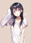  :o bangs black_hair blush collarbone commentary drying drying_hair eyebrows_visible_through_hair holding holding_towel long_hair looking_at_viewer open_mouth original purple_eyes rimo shirt short_sleeves solo t-shirt towel upper_body white_shirt 