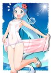  artist_name bare_legs bare_shoulders blue_eyes blue_hair commentary_request day flower hair_between_eyes hair_flower hair_ornament kantai_collection light_rays long_hair one-piece_swimsuit outdoors samidare_(kantai_collection) sandals school_swimsuit smile solo sun sunbeam sunlight swimsuit towel white_school_swimsuit white_swimsuit yokoshima_(euphoria) 