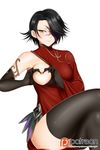  alfred_cullado black_hair breasts cinder_fall crossed_legs elbow_gloves facial_scar gloves hair_over_one_eye heart-shaped_boob_challenge highres medium_breasts nipples one_breast_out patreon_logo rwby scar short_hair skindentation solo thighhighs thighs watermark web_address white_background yellow_eyes 