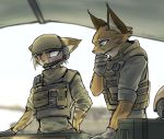  2018 anthro armor blind_eye body_armor brown_fur caracal chloe_(hunglee) clothed clothing duo ear_tuft feline female fully_clothed fur gloves gun hand_on_face handgun helmet hi_res hunglee leopard male mammal open_mouth ranged_weapon red_eyes scar standing tan_fur tuft weapon 