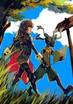  absurdres belt blue_eyes blue_hair blue_sky blurry blush boots cape cloud crossover day depth_of_field fingerless_gloves fire_emblem fire_emblem:_kakusei full_body gen_4_pokemon gloves grass highres knee_boots long_hair looking_at_another looking_away lucario lucina open_mouth outline pokemon pokemon_(creature) pokemon_(game) pokemon_dppt profile red_eyes sky smile super_smash_bros. tiara tree walking yuu-lin 