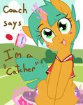  blush clothing cutie_mark dialogue english_text equine freckles friendship_is_magic fur girly green_eyes green_hair hair horn innuendo kryptchild male mammal my_little_pony orange_fur smile snails_(mlp) solo text 