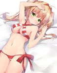  ahoge arm_up bangs bikini blush breasts cleavage closed_mouth commentary_request criss-cross_halter fate/grand_order fate_(series) hair_intakes halter_top halterneck hand_up highres long_hair looking_at_viewer lying medium_breasts msile navel nero_claudius_(fate)_(all) nero_claudius_(swimsuit_caster)_(fate) on_back red_bikini side-tie_bikini sidelocks smile solo swimsuit twintails twiska_(doubitian) 
