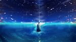  blue blue_sky commentary_request highres horizon light_beam night night_sky ocean original ripples scenery seascape short_hair silhouette sky solo standing star_(sky) starry_sky very_wide_shot wading water_surface y_y_(ysk_ygc) 