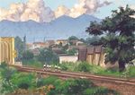  black_skirt blue_sky cloud cloudy_sky commentary day grass highres horizon medium_hair mountain mountainous_horizon multiple_girls original railroad_tracks scenery school_uniform shirt signature skirt sky socks standing tree umishima_senbon village white_shirt 