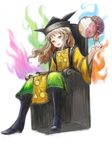  absurdres aura blonde_hair boots brown_eyes brown_hair commentary_request daiquiri drum fire flame hat highres instrument long_hair looking_at_viewer matara_okina open_mouth sitting smile solo tabard throne touhou white_background wide_sleeves yellow_eyes 