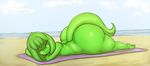  barefoot beach big_butt blush butt dragon eyes_closed green_hair green_skin hair kingofacesx lying male nude on_front scalie seaside sleeping slenderdragon solo thick_thighs towel water 