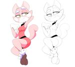  anthro armpit_hair breasts cat clothing feline female footwear fur green_eyes mammal multicolored_fur pink_fur raised_eyebrow shima_luan shoes smile solo super_planet_dolan two_tone_fur vimhomeless white_fur 