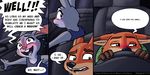  2016 anthro black_nose blush canine car clothed clothing comic dialogue disney duo embarrassed english_text female fox fur grey_fur heresy_(artist) inside_car judy_hopps lagomorph male mammal nick_wilde orange_fur pink_nose predator/prey rabbit speech_bubble sweat sweatdrop text vehicle zootopia 