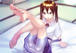  1girl arm_support barefoot bike_shorts brown_eyes brown_hair feet futon hair_ribbon licking_lips long_hair looking_at_viewer one_leg_raised pov sitting socks_removed soles toes twintails 