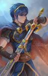  armor artist_name belt black_gloves blue_cape blue_eyes blue_hair breastplate cape cowboy_shot falchion_(fire_emblem) fingerless_gloves fire_emblem fire_emblem:_monshou_no_nazo gem glint gloves hair_ornament holding holding_sword holding_weapon looking_away male_focus marth parted_lips pauldrons reddverse sash sheath solo sword tiara unsheathing watermark weapon web_address 