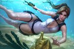  1girl breasts brown_eyes brown_hair cleavage gold lara_croft legs light long_hair ponytail solo swimsuit tank_top tomb_raider underwater water watermark 