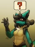  2017 5_fingers ? autumn_sins belt black_fur black_hair black_nose blue_fur chest_spike confuse featureless_breast fluffy fur hair hand_up hi_res invalid_tag looking_at_hand lucario mask neck_tuft nintendo nude open_mouth pok&eacute;mon red_eyes simple_background speech_bubble spike_(disambiguation) standing teeth tuft video_games yellow_background yellow_fur 