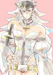  1boy black_hair bodysuit breasts cleavage closed_mouth cosplay cowboy_shot detached_sleeves fate/extra fate/extra_ccc fate_(series) green_eyes large_breasts male_focus nero_claudius_(bride)_(fate) nero_claudius_(bride)_(fate)_(cosplay) nero_claudius_(fate)_(all) ouka_tadaomi pectorals pink_background simple_background solo sword traditional_media veil watercolor_(medium) weapon white_sleeves yasubaru zipper 