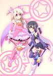  absurdres black_hair blonde_hair boots brown_eyes covered_navel detached_sleeves fate/kaleid_liner_prisma_illya fate_(series) feathers full_body gloves hair_feathers hair_ribbon highres holding holding_staff holster illyasviel_von_einzbern layered_skirt leg_up leotard long_hair looking_at_viewer magical_girl magical_ruby magical_sapphire miniskirt miyu_edelfelt multiple_girls parted_lips pink_footwear prisma_illya purple_legwear purple_leotard red_eyes ribbon sidelocks skirt smile staff standing thigh_boots thigh_holster thighhighs two_side_up white_feathers white_gloves white_ribbon white_skirt 