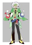  :d black_neckwear blush cape capelet domino_mask frills full_body gen_4_pokemon green_cape green_eyes grey_background looking_at_viewer male_focus mask necktie open_mouth personification pokemon roserade sash simple_background smile yasubaru 