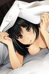  black_hair blush breasts cleavage dutch_angle eyebrows_visible_through_hair highres looking_at_viewer lying matsunaga_kouyou medium_breasts naked_sheet nude on_stomach original solo under_covers 