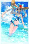  bangs bikini blue_bikini blue_eyes blush breasts collarbone commentary_request day dutch_angle fate/grand_order fate_(series) frilled_bikini_bottom frills front-tie_bikini front-tie_top grey_hair hair_between_eyes half-closed_eyes hand_on_headwear hat long_hair looking_at_viewer marie_antoinette_(fate/grand_order) marie_antoinette_(swimsuit_caster)_(fate) medium_breasts navel ocean open_mouth outdoors partial_commentary smile solo splashing sun_hat swimsuit tareme thighs twitter_username very_long_hair wading yat573 