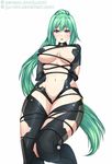  bdsm bondage bound breasts cleavage green_hair green_heart jyu_ichi large_breasts long_hair looking_at_viewer navel neptune_(series) ponytail power_symbol purple_eyes restrained solo symbol-shaped_pupils 
