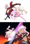  absurdres armpits black_bra black_legwear boots bow bra chloe_von_einzbern dark_skin detached_sleeves dual_wielding fate/kaleid_liner_prisma_illya fate_(series) feathers flat_chest floating_hair gloves grin hair_bow hair_feathers hair_ornament highres holding holding_staff holding_sword holding_weapon illyasviel_von_einzbern layered_skirt long_hair magical_girl magical_ruby midriff multiple_girls navel pink_feathers pink_footwear pink_hair prisma_illya red_eyes silver_hair simple_background skirt smile staff stomach sword thigh_boots thighhighs underwear weapon white_background white_gloves white_skirt yellow_eyes 