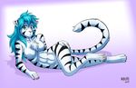  2017 abs blue_eyes blue_hair breasts casual_nudity chest_tuft crossgender digitigrade featureless_breasts feet feline female full_body fur gradient_background hair heresy_(artist) looking_at_viewer lying mammal nude on_side pose simple_background striped_fur stripes tiger trace_legacy tuft twokinds white_fur 