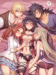  3girls ahoge bisexual_(female) black_hair blonde_hair blush breasts choker eizen_(tales) eleanor_hume folks_(nabokof) gloves harem large_breasts long_hair looking_at_viewer magilou_(tales) medium_breasts mixed_harem multiple_boys multiple_girls pectorals rokurou_rangetsu smile tales_of_(series) tales_of_berseria torn_clothes velvet_crowe very_long_hair white_background yellow_eyes 