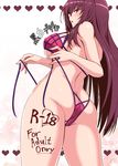  ass bare_shoulders bikini blush covered_nipples fate/grand_order fate_(series) long_hair looking_at_viewer parted_lips purple_bikini purple_hair red_eyes scathach_(fate)_(all) scathach_(swimsuit_assassin)_(fate) shuugetsu_karasu simple_background solo swimsuit very_long_hair white_background 