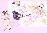  ;d absurdres babydoll barefoot bed_sheet bikini black_hair blonde_hair blue_panties blue_ribbon bow brown_eyes collarbone copyright_name eyebrows_visible_through_hair fate/kaleid_liner_prisma_illya fate_(series) flat_chest frilled_panties frills from_above full_body hair_bow hair_ornament hairband hairclip highres illyasviel_von_einzbern locked_arms long_hair looking_at_viewer lying magical_ruby magical_sapphire midriff miyu_edelfelt multiple_girls navel on_back on_side one_eye_closed open_mouth page_number panties parted_lips pink_bow pink_shorts purple_bikini purple_bow purple_hairband red_eyes red_ribbon ribbon see-through shiny shiny_skin short_shorts shorts smile stomach strapless swimsuit underwear underwear_only white_bikini wrist_cuffs wrist_ribbon 