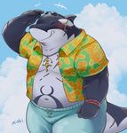  belly blush clothing eyewear fish hawaiian_shirt male marine mioki scar shark shirt smile sunglasses tokyo_afterschool_summoners typhon 