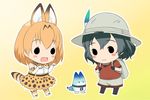  animal_ears bag chibi hat hat_feather helmet kaban_(kemono_friends) kemono_friends lucky_beast_(kemono_friends) multiple_girls pantyhose pith_helmet ponareon_ponaparte serval_(kemono_friends) serval_ears serval_print serval_tail short_hair tail 