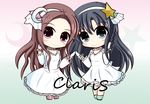  black_hair brown_hair chibi clara_(claris) claris_(group) dress hair_ornament karen_(claris) long_hair multiple_girls smile yasu_(checkit) 