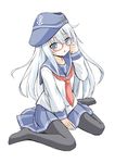  between_legs black_legwear blue_eyes blue_hat blue_skirt collarbone eyebrows_visible_through_hair flat_cap fujishima_shinnosuke glasses hair_between_eyes hand_between_legs hat hibiki_(kantai_collection) kantai_collection long_hair miniskirt neckerchief pantyhose pleated_skirt red-framed_eyewear red_neckwear shirt silver_hair simple_background skirt solo white_background white_shirt 