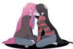  2girls adventure_time arm_support barefoot bite_mark black_hair blush commentary_request couple denim eyes_closed feet grey_skin indian_style jeans kiss long_hair looking_at_another marceline_abadeer multiple_girls pants pink_hair pink_skin pointy_ears princess_bonnibel_bubblegum rokuromi shirt simple_background sitting striped striped_shirt sweater turtleneck turtleneck_sweater v-neck vampire very_long_hair white_background yuri 