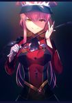  alluring_chief_warden_look breasts commentary_request fate/grand_order fate_(series) hat long_hair looking_at_viewer medb_(fate)_(all) medb_(fate/grand_order) medium_breasts pink_hair riding_crop silly_(marinkomoe) smile solo uniform 