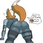  all_fours anthro armor artbyyellowdog ass_up backsack balls blush bodysuit bulge butt butt_focus canine clothed clothing cosplay digital_media_(artwork) english_text eyes_closed fox fox_mccloud hi_res konami male mammal metal_gear nintendo open_mouth presenting raised_tail rear_view simple_background skinsuit solo speech_bubble star_fox sweat text tight_clothing tongue video_games white_background 