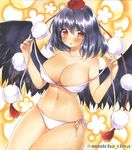  bangs bare_arms bare_shoulders black_hair black_wings blush bra breasts brown_eyes cleavage covered_nipples cowboy_shot eyebrows_visible_through_hair hair_between_eyes hat highres large_breasts looking_at_viewer marker_(medium) mugicha_(mugicha0929) navel open_mouth panties pom_pom_(clothes) shameimaru_aya shikishi short_hair side-tie_panties solo stomach tokin_hat touhou traditional_media twitter_username underwear underwear_only untied_bra white_bra white_panties wings 
