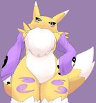  2017 anthro blue_eyes canine chest_tuft clothing cropped digimon featureless_crotch female fox gloves letsuo looking_down mammal renamon simple_background solo tuft 