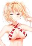  ;) bad_id bad_pixiv_id blonde_hair breasts earrings fate/grand_order fate_(series) green_eyes highres jewelry junpaku_karen long_hair looking_at_viewer medium_breasts nero_claudius_(fate)_(all) nero_claudius_(swimsuit_caster)_(fate) one_eye_closed simple_background smile solo twintails upper_body white_background 