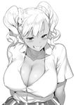  arms_behind_back blush breasts dark_skin greyscale grin gyaru hakai_shin heart heart_necklace jewelry large_breasts long_hair looking_at_viewer monochrome naughty_face necklace original simple_background skirt smile solo twintails white_background 