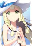  &gt;:( bare_arms bare_shoulders blonde_hair blue_background blue_ribbon blush braid closed_mouth collarbone dress frown gradient gradient_background green_eyes hat hat_ribbon highres lillie_(pokemon) long_hair over_shoulder pokemon pokemon_(game) pokemon_sm ribbon serious sleeveless sleeveless_dress solo sun_hat sundress tareme twin_braids upper_body v-shaped_eyebrows white_dress white_hat yuihiko 