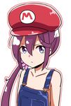  akebono_(kantai_collection) bare_shoulders closed_mouth collarbone commentary cosplay expressionless eyebrows_visible_through_hair flower hair_flower hair_ornament hat highres kantai_collection kasoku_souchi long_hair looking_at_viewer mario mario_(cosplay) mario_(series) naked_overalls outline overalls purple_eyes purple_hair side_ponytail simple_background solo super_mario_bros. upper_body white_background 